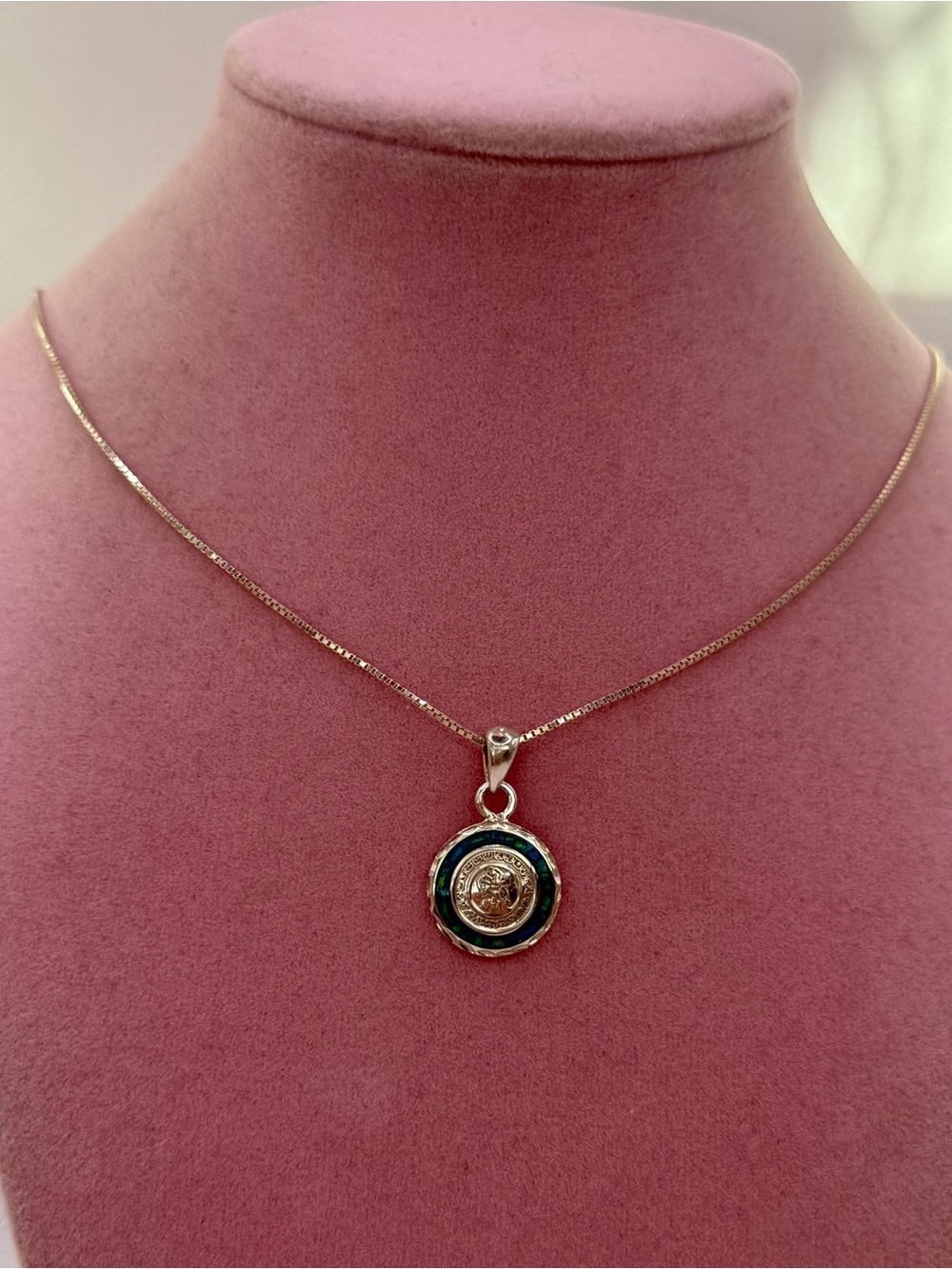 Blue fire opal 950 Phaistos disc Medallion Pendant Necklace